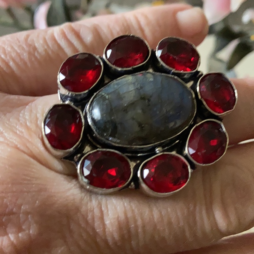 Vintage 925 labradorite garnet ring - Picture 5 of 7